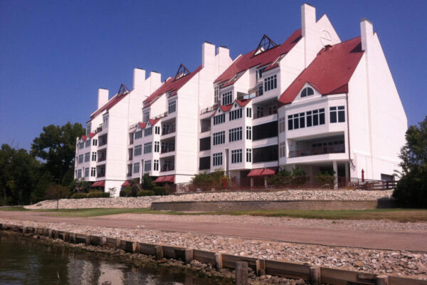 Harbortown Residences Balconies and riverwalk viewed from the water